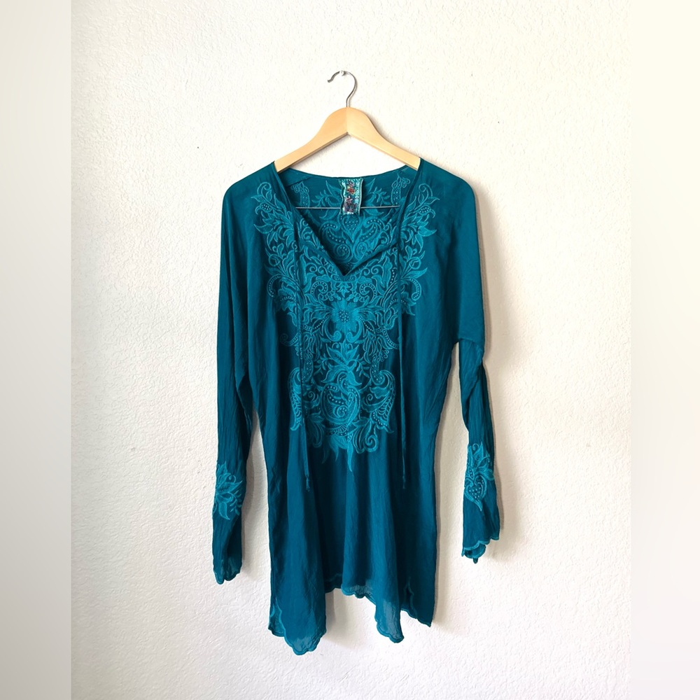 Johnny Was Tania Boho Embroidered Women's Tunic Size M Blue